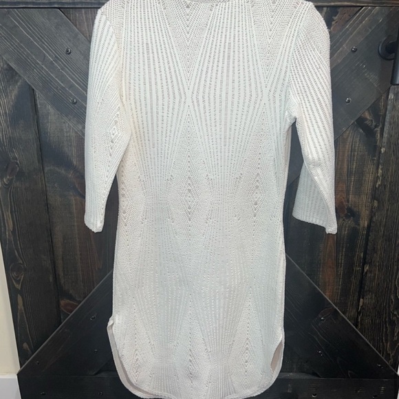 Codigo USA Vintage Dress L Cream 3/4 Sleeve Bodycon Stretch Eyelet Crochet Look - Picture 9 of 14